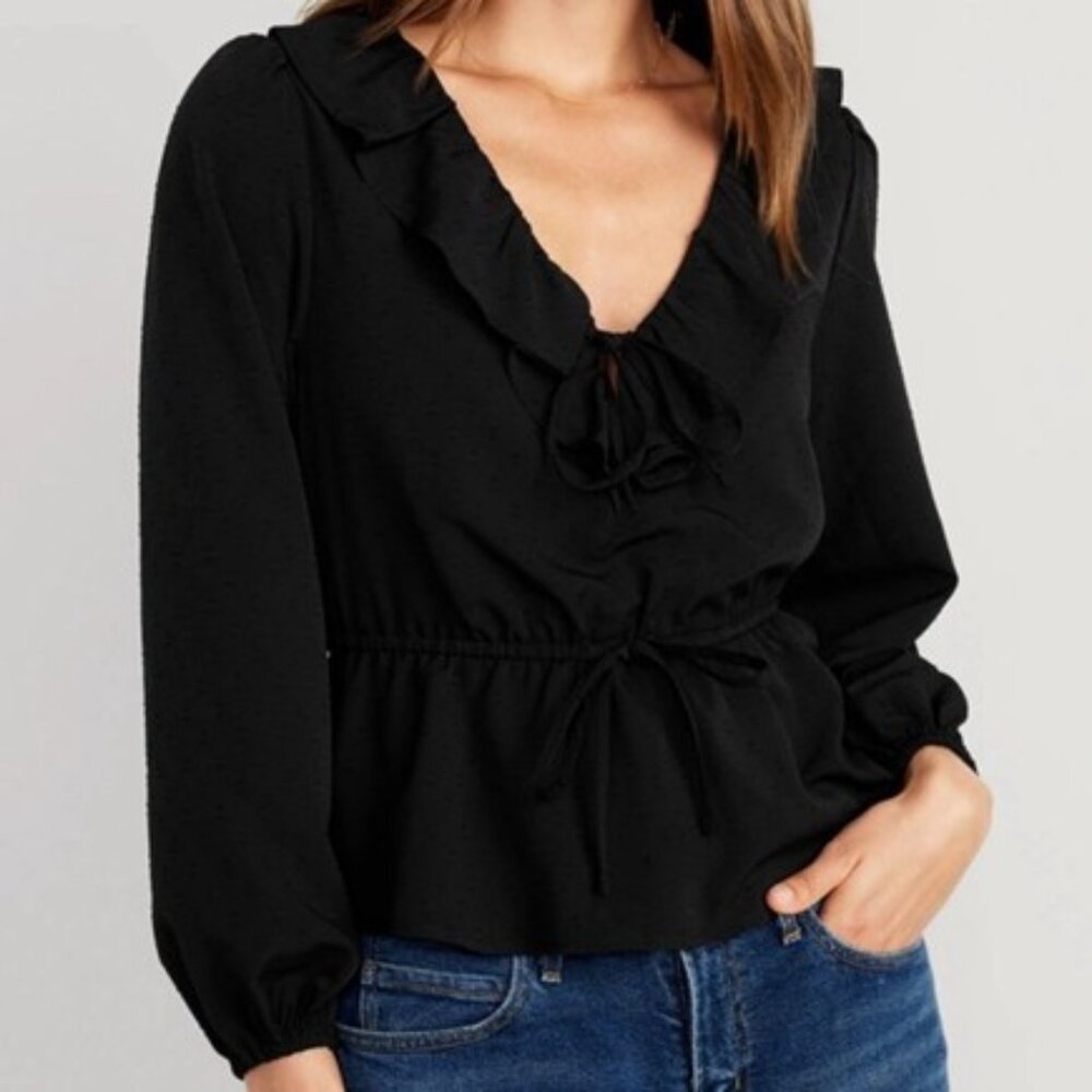 Old Navy Ruffle Clip Dot Blouse Tie Front Long Sleeve V-Neck Peasant Top Black
